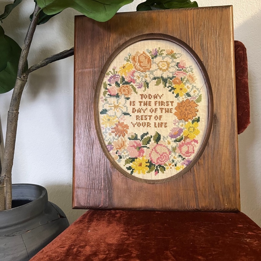 Vintage Embroidered Wooden Artwork